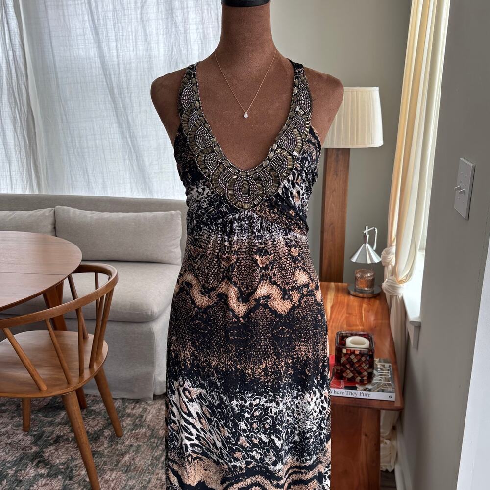 Venus Beaded Halter Maxi Dress Animal Snake Print 2010s Beach Boho Summer Small - Picture 3 of 16